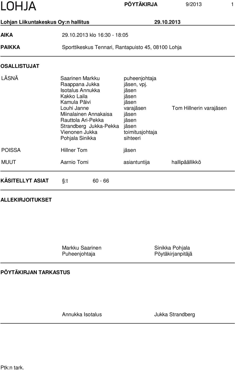 Isotalus Annukka jäsen Kakko Laila jäsen Kamula Päivi jäsen Louhi Janne varajäsen Tom Hillnerin varajäsen Miinalainen Annakaisa jäsen Rauttola Ari-Pekka jäsen Strandberg