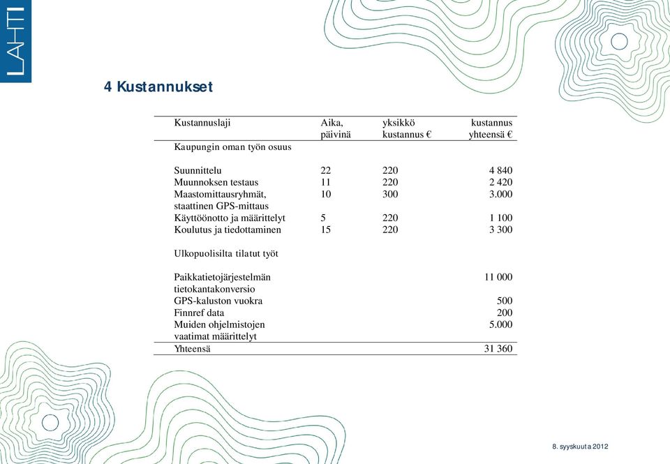 000 staattinen GPS-mittaus Käyttöönotto ja määrittelyt 5 220 1 100 Koulutus ja tiedottaminen 15 220 3 300 Ulkopuolisilta