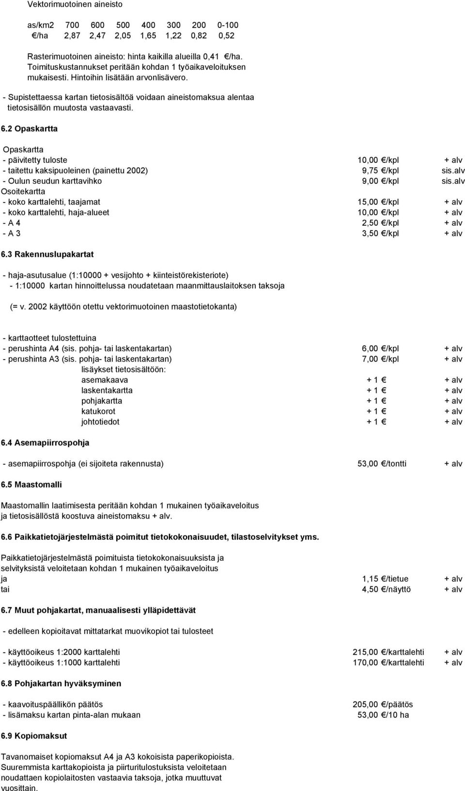 - Supistettaessa kartan tietosisältöä voidaan aineistomaksua alentaa tietosisällön muutosta vastaavasti. 6.