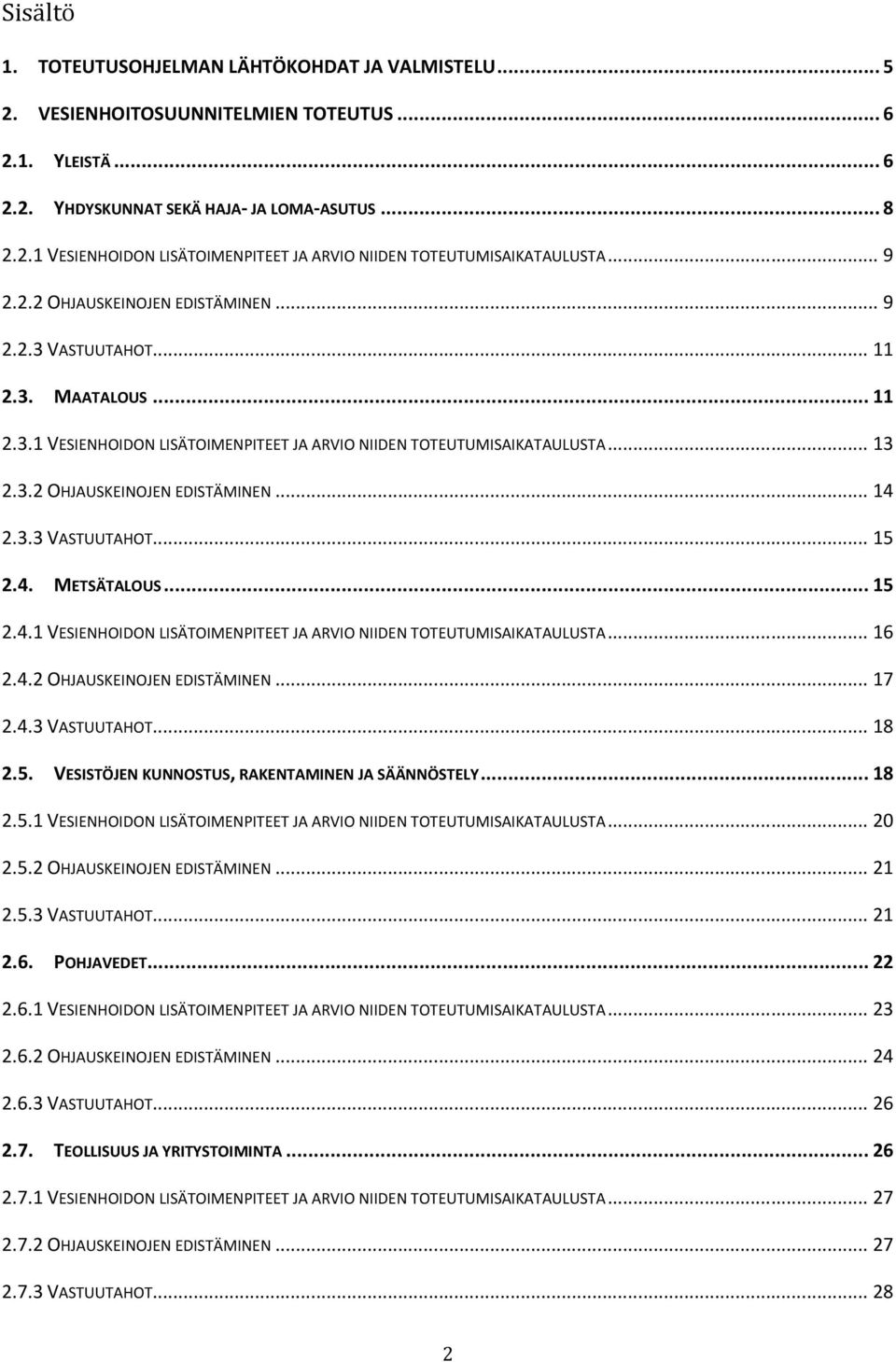 3.3 VASTUUTAHOT... 15 2.4. METSÄTALOUS... 15 2.4.1 VESIENHOIDON LISÄTOIMENPITEET JA ARVIO NIIDEN TOTEUTUMISAIKATAULUSTA... 16 2.4.2 OHJAUSKEINOJEN EDISTÄMINEN... 17 2.4.3 VASTUUTAHOT... 18 2.5. VESISTÖJEN KUNNOSTUS, RAKENTAMINEN JA SÄÄNNÖSTELY.