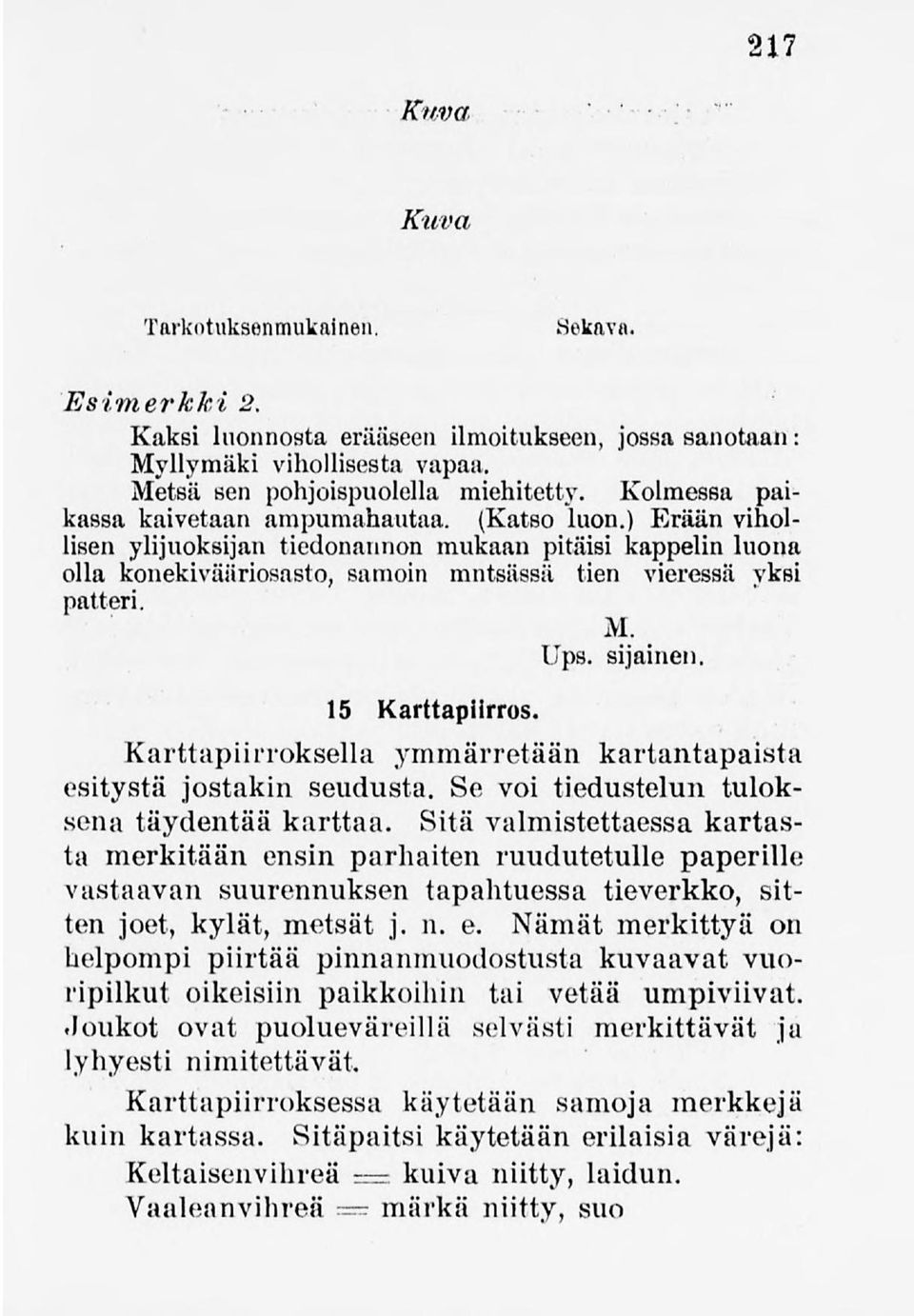 Ups. sijainen. 15 Karttapiirros. Karttapiirroksella ymmärretään kartantapaista esitystä jostakin seudusta. Se voi tiedustelun tuloksena täydentääkarttaa.