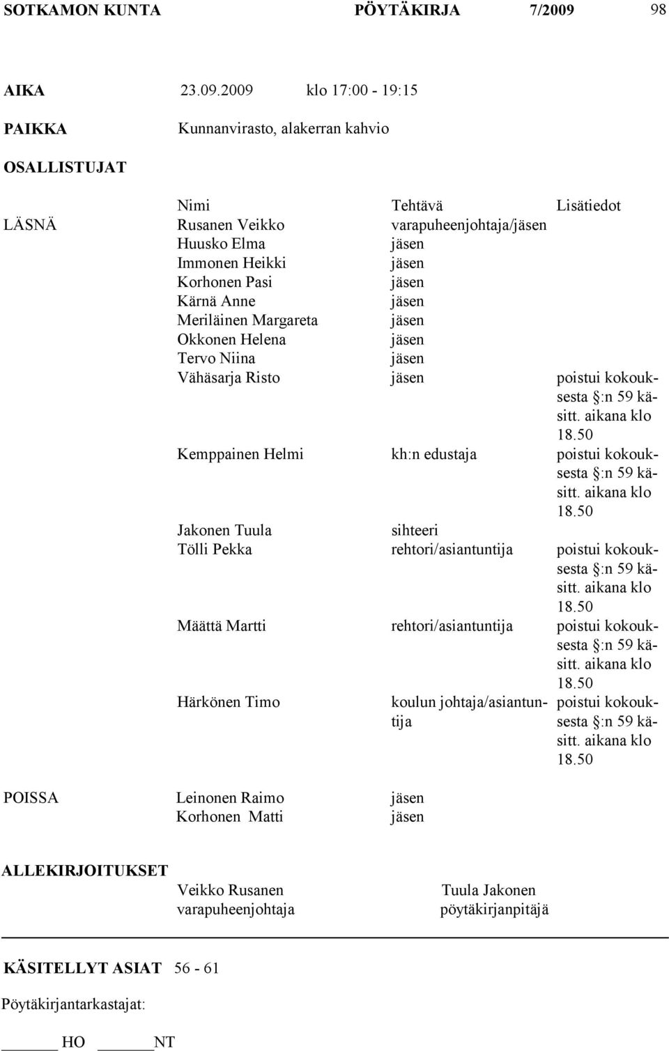 2009 klo 17:00-19:15 PAIKKA Kunnanvirasto, alakerran kahvio OSALLISTUJAT Nimi Tehtävä Lisätiedot LÄSNÄ Rusanen Veikko varapuheenjohtaja/jäsen Huusko Elma jäsen Immonen Heikki jäsen Korhonen Pasi