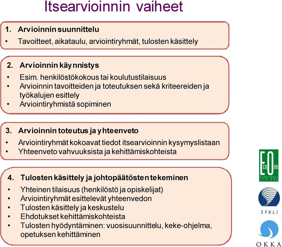 Arvioinnin toteutus ja yhteenveto Arviointiryhmät kokoavat tiedot itsearvioinnin kysymyslistaan Yhteenveto vahvuuksista ja kehittämiskohteista 4.