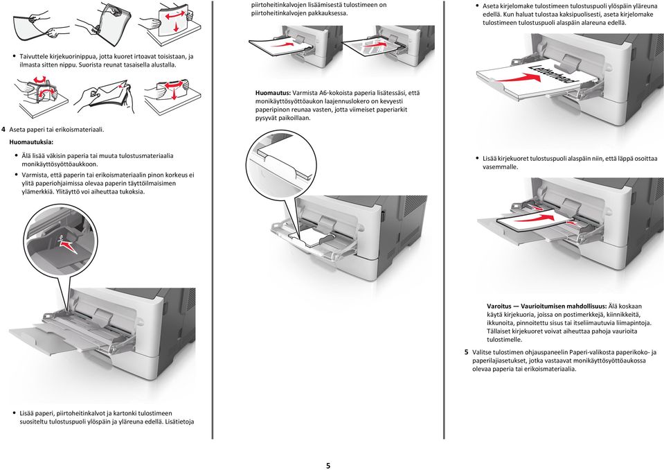 Suorista reunat tasaisella alustalla. 4 Aseta paperi tai erikoismateriaali. Älä lisää väkisin paperia tai muuta tulostusmateriaalia monikäyttösyöttöaukkoon.