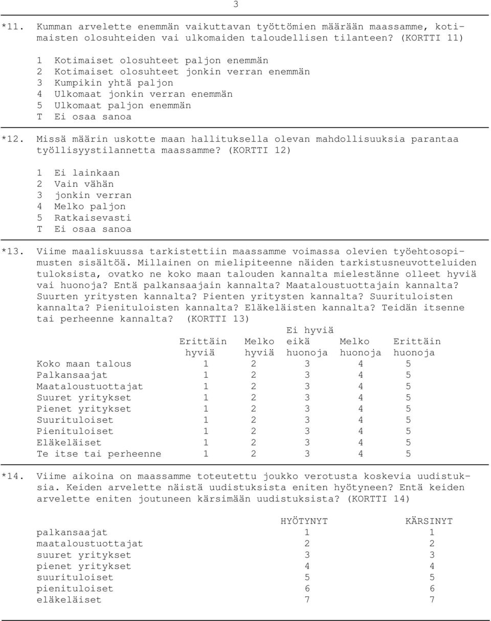 Missä määrin uskotte maan hallituksella olevan mahdollisuuksia parantaa työllisyystilannetta maassamme? (KORTTI 12) 1 Ei lainkaan 2 Vain vähän 3 jonkin verran 4 Melko paljon 5 Ratkaisevasti *13.