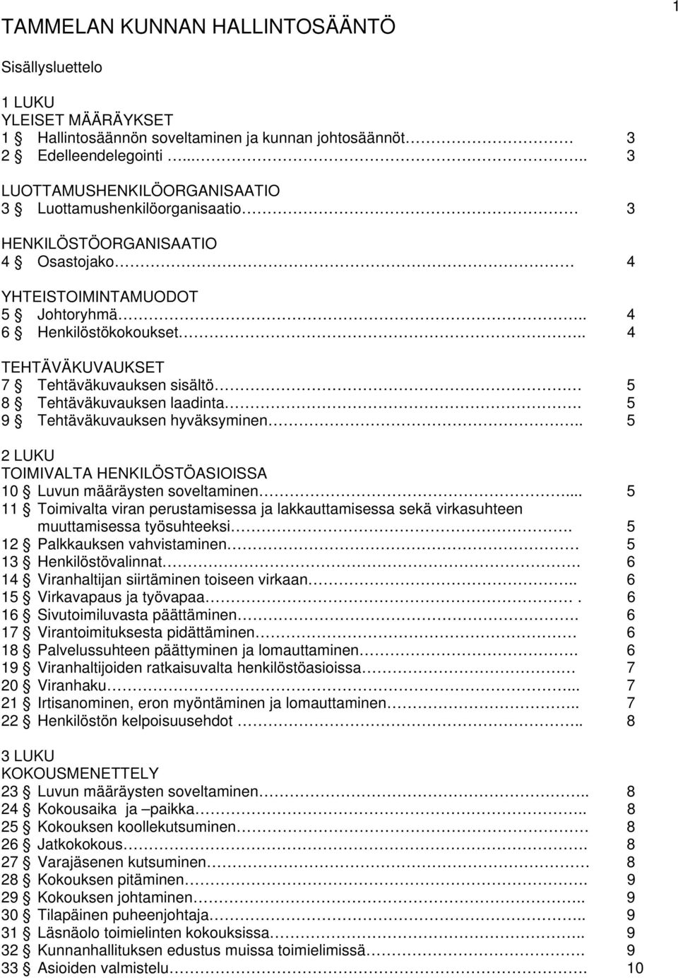 . 4 TEHTÄVÄKUVAUKSET 7 Tehtäväkuvauksen sisältö 5 8 Tehtäväkuvauksen laadinta. 5 9 Tehtäväkuvauksen hyväksyminen.. 5 2 LUKU TOIMIVALTA HENKILÖSTÖASIOISSA 10 Luvun määräysten soveltaminen.