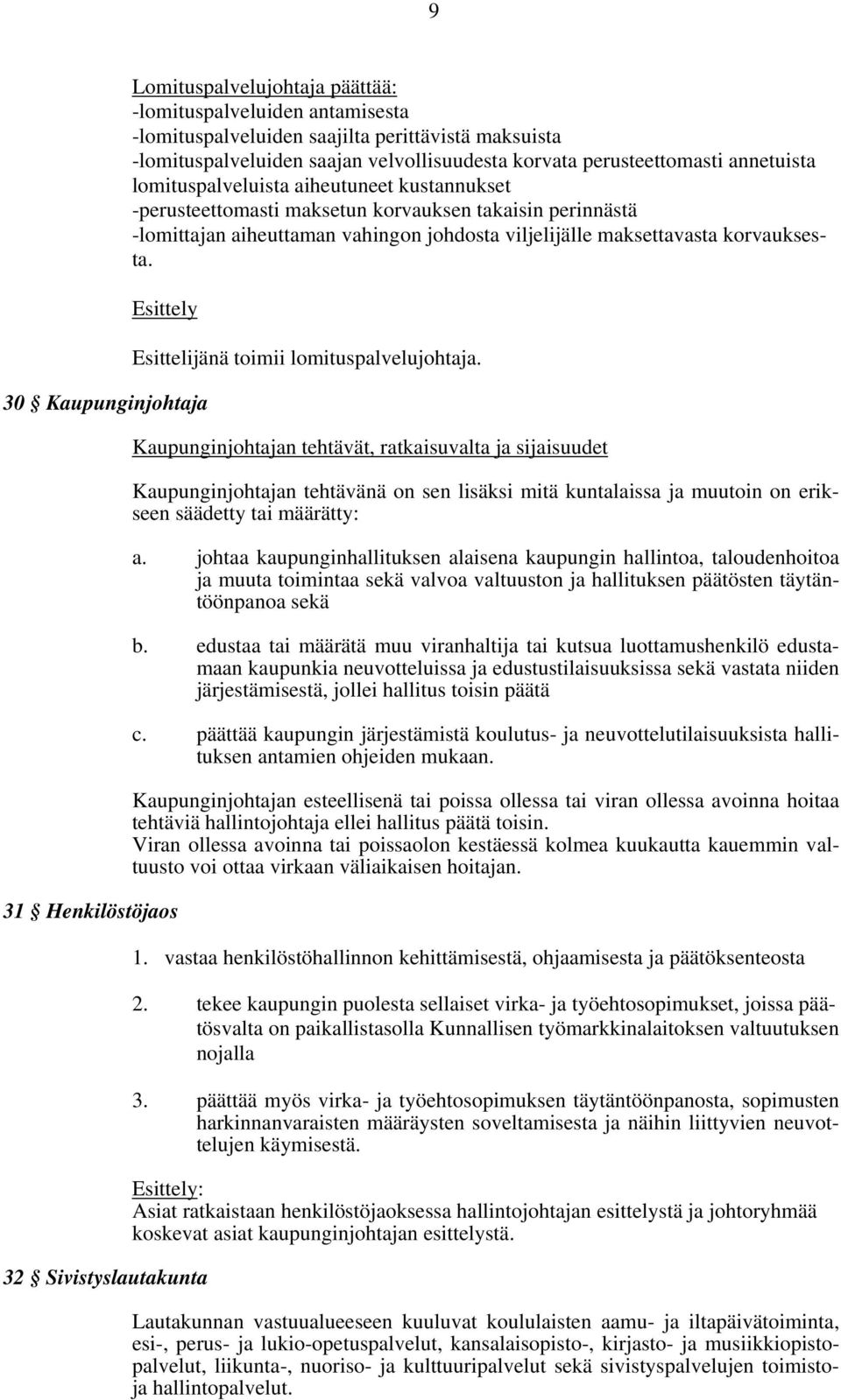 Esittely 30 Kaupunginjohtaja 31 Henkilöstöjaos 32 Sivistyslautakunta Esittelijänä toimii lomituspalvelujohtaja.