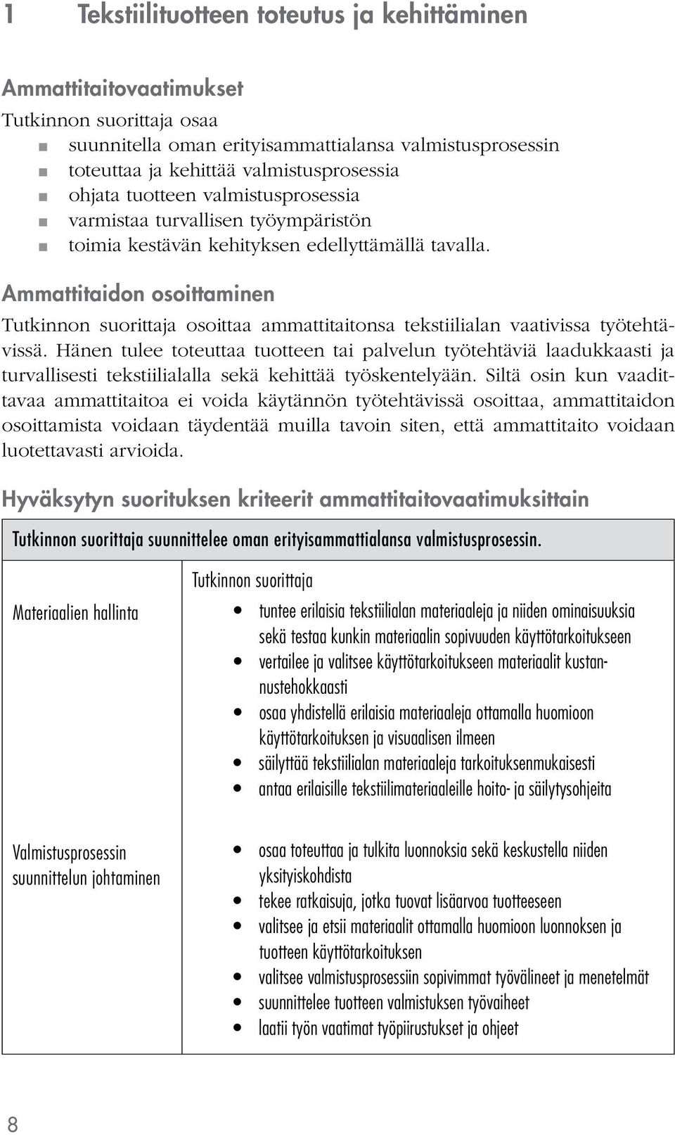 Hänen tulee toteuttaa tuotteen tai palvelun työtehtäviä laadukkaasti ja turvallisesti tekstiilialalla sekä kehittää työskentelyään.