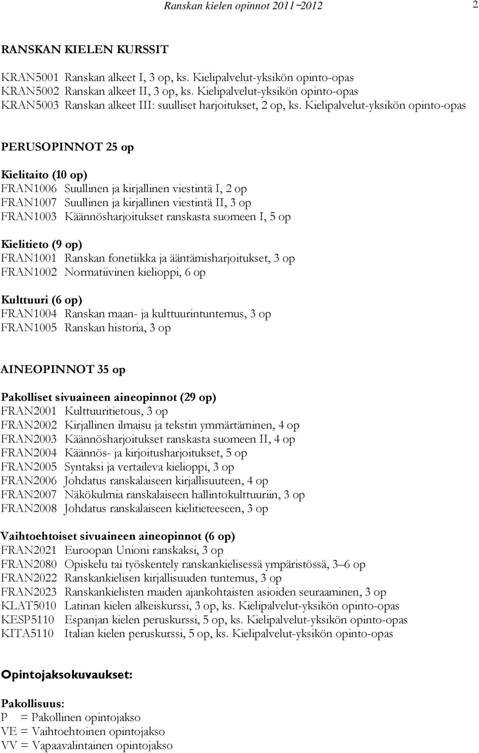 Kielipalvelut-yksikön opinto-opas PERUSOPINNOT 25 op Kielitaito (10 op) FRAN1006 Suullinen ja kirjallinen viestintä I, 2 op FRAN1007 Suullinen ja kirjallinen viestintä II, 3 op FRAN1003