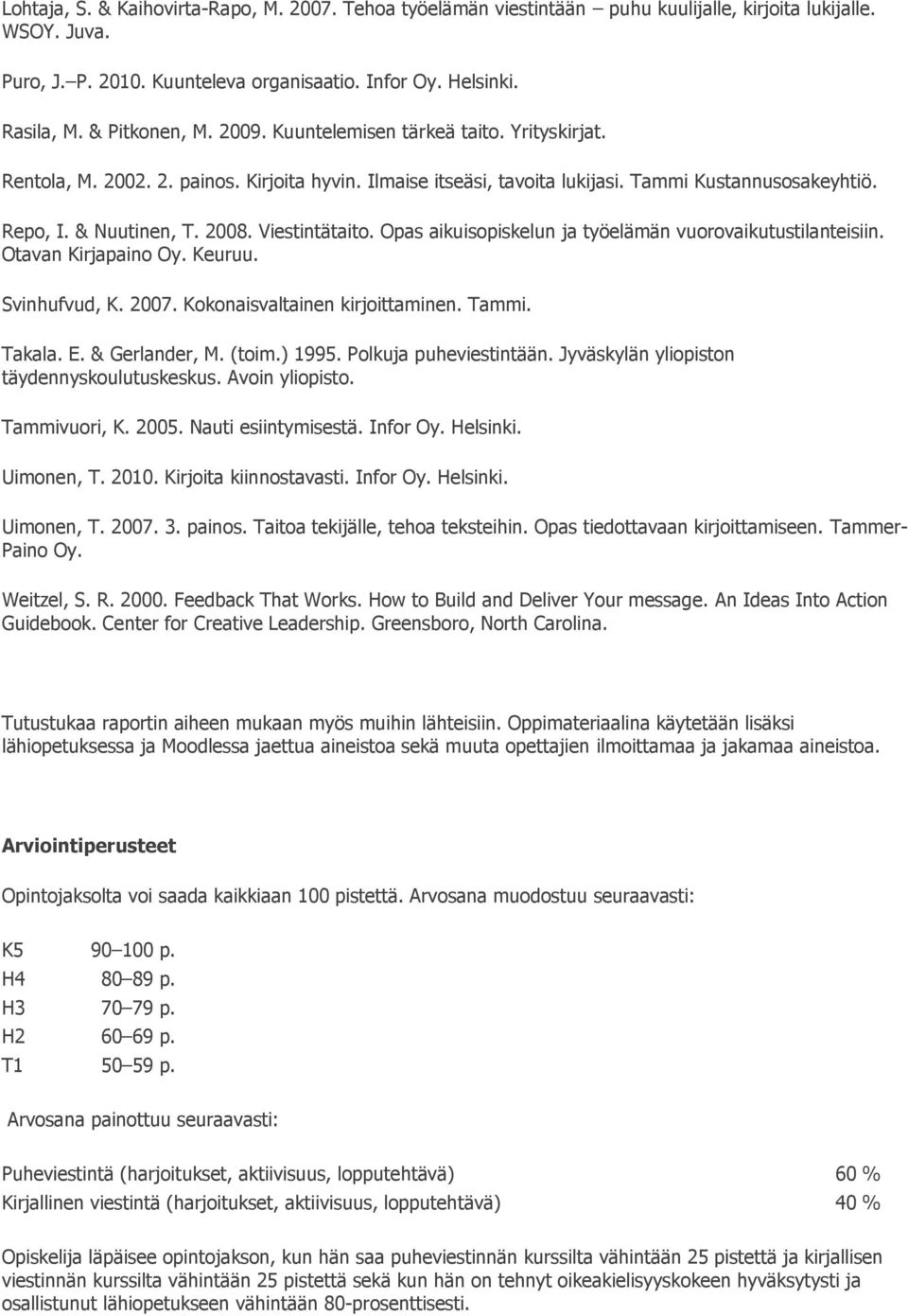 Viestintätaito. Opas aikuisopiskelun ja työelämän vuorovaikutustilanteisiin. Otavan Kirjapaino Oy. Keuruu. Svinhufvud, K. 2007. Kokonaisvaltainen kirjoittaminen. Tammi. Takala. E. & Gerlander, M.