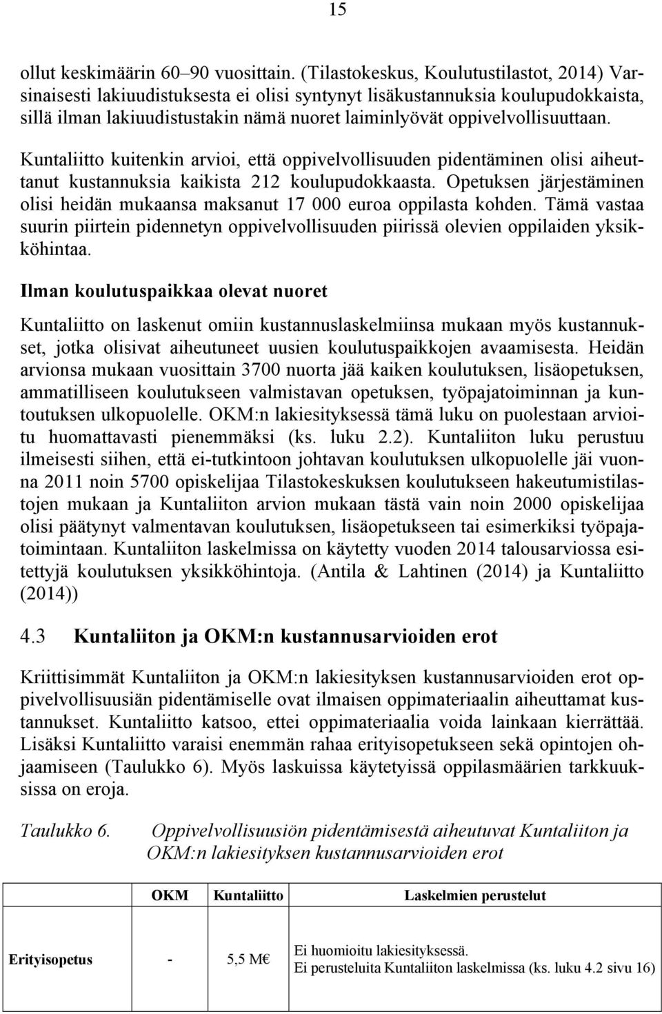 oppivelvollisuuttaan. Kuntaliitto kuitenkin arvioi, että oppivelvollisuuden pidentäminen olisi aiheuttanut kustannuksia kaikista 212 koulupudokkaasta.