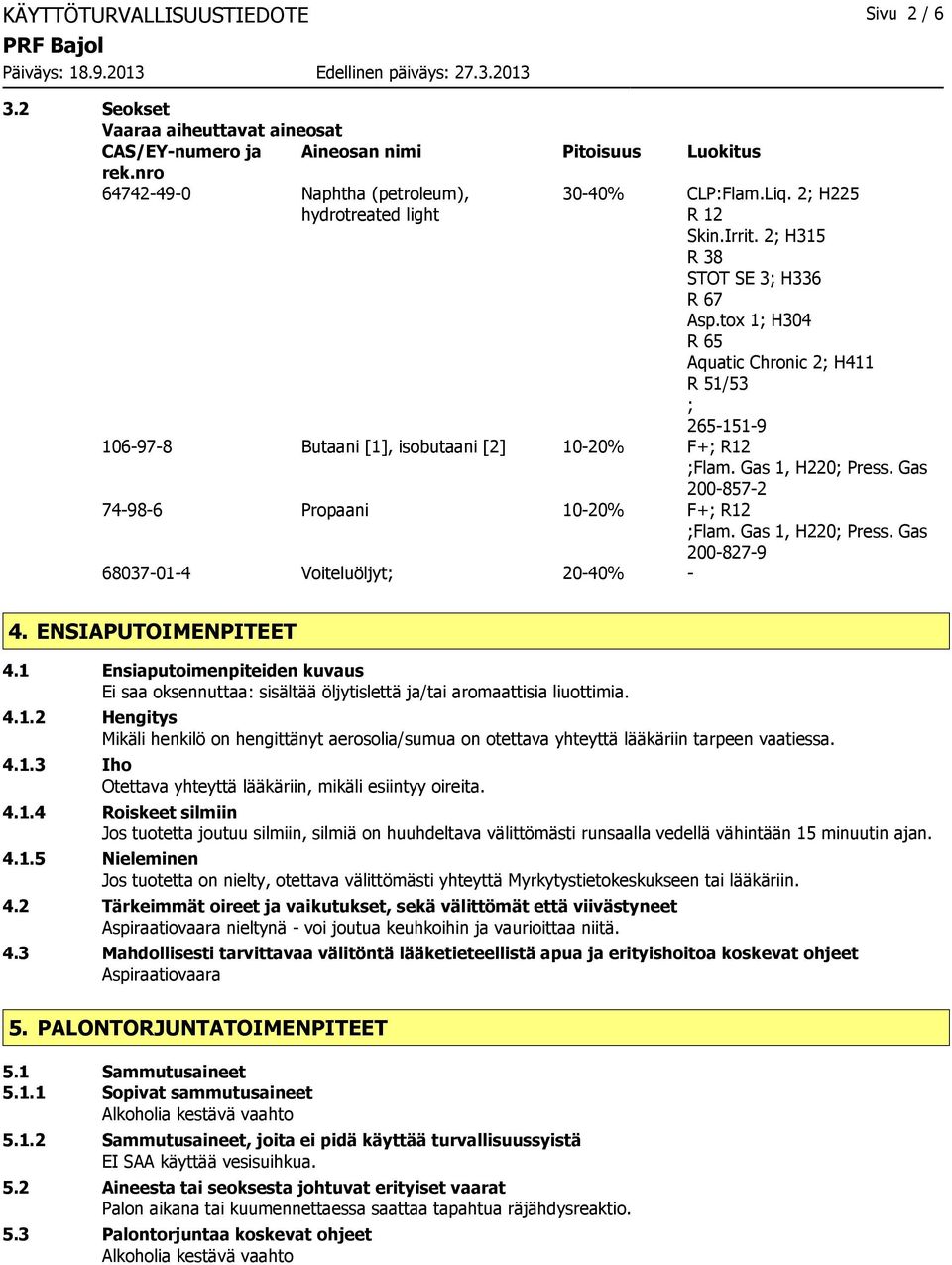 Gas 1, H220; Press. Gas 2008572 74986 Propaani 1020% F+; R12 ;Flam. Gas 1, H220; Press. Gas 2008279 68037014 Voiteluöljyt; 2040% 4. ENSIAPUTOIMENPITEET 4.