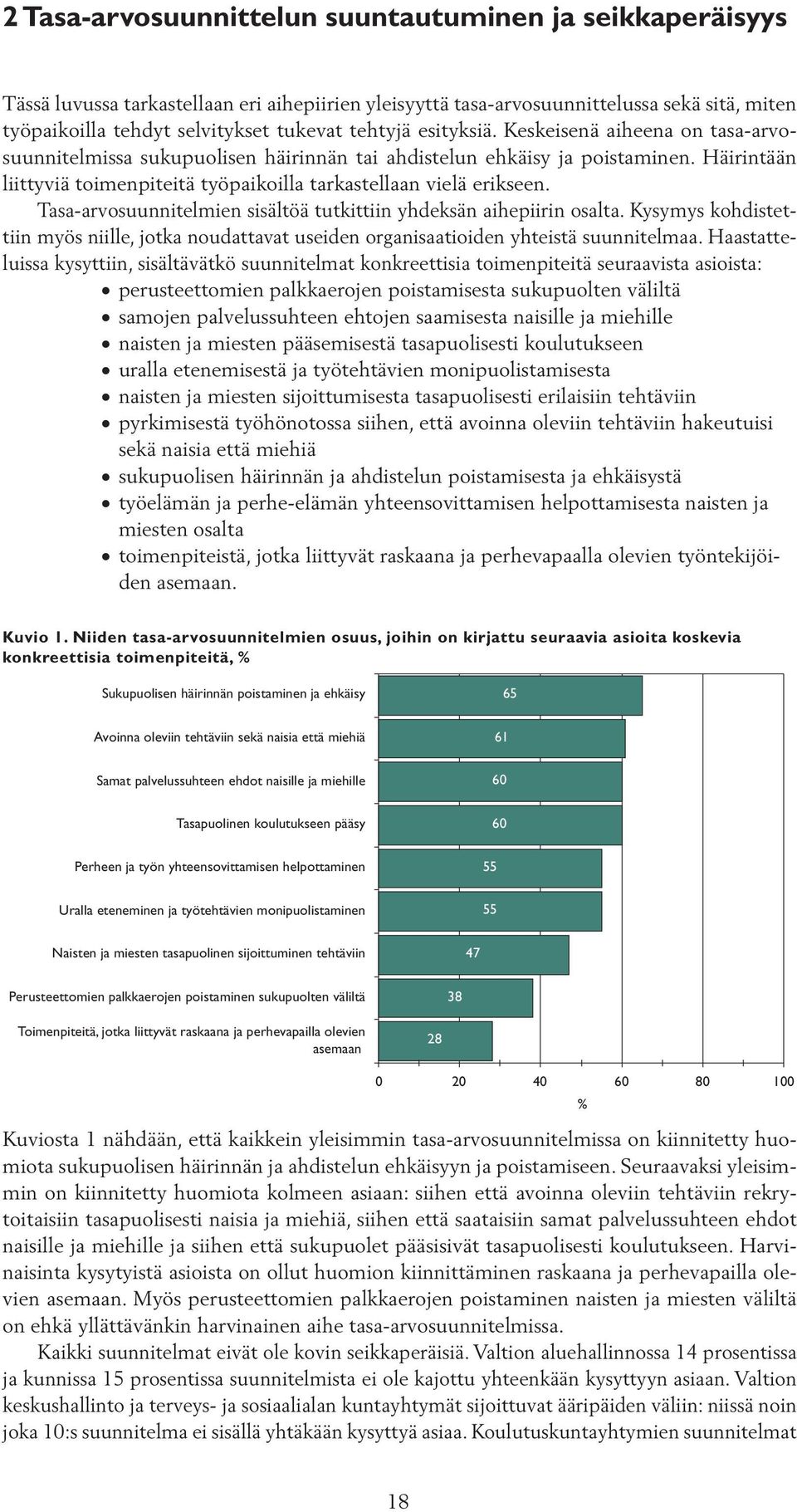 Häirintään liittyviä toimenpiteitä työpaikoilla tarkastellaan vielä erikseen. Tasa-arvosuunnitelmien sisältöä tutkittiin yhdeksän aihepiirin osalta.