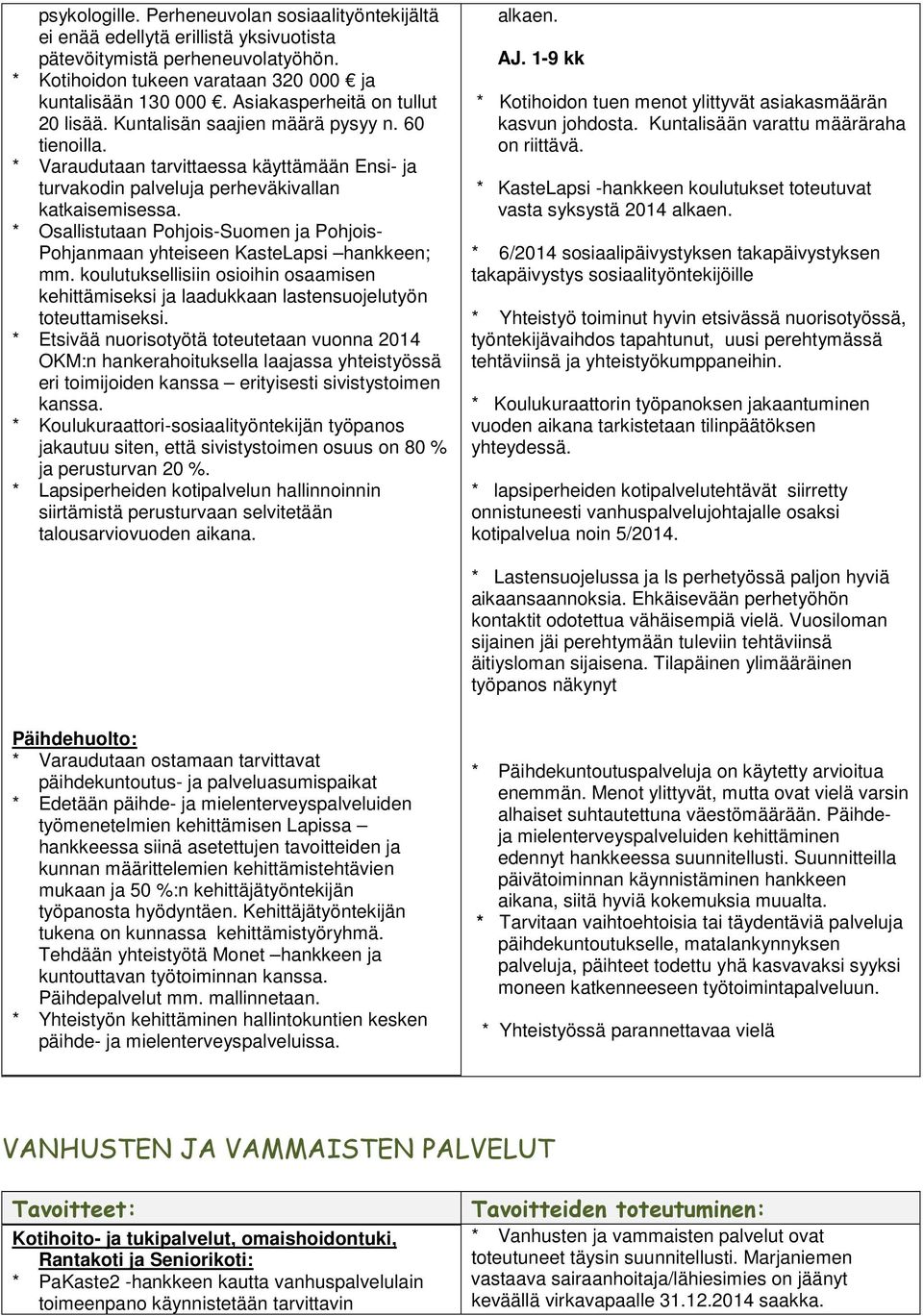 * Osallistutaan Pohjois-Suomen ja Pohjois- Pohjanmaan yhteiseen KasteLapsi hankkeen; mm. koulutuksellisiin osioihin osaamisen kehittämiseksi ja laadukkaan lastensuojelutyön toteuttamiseksi.