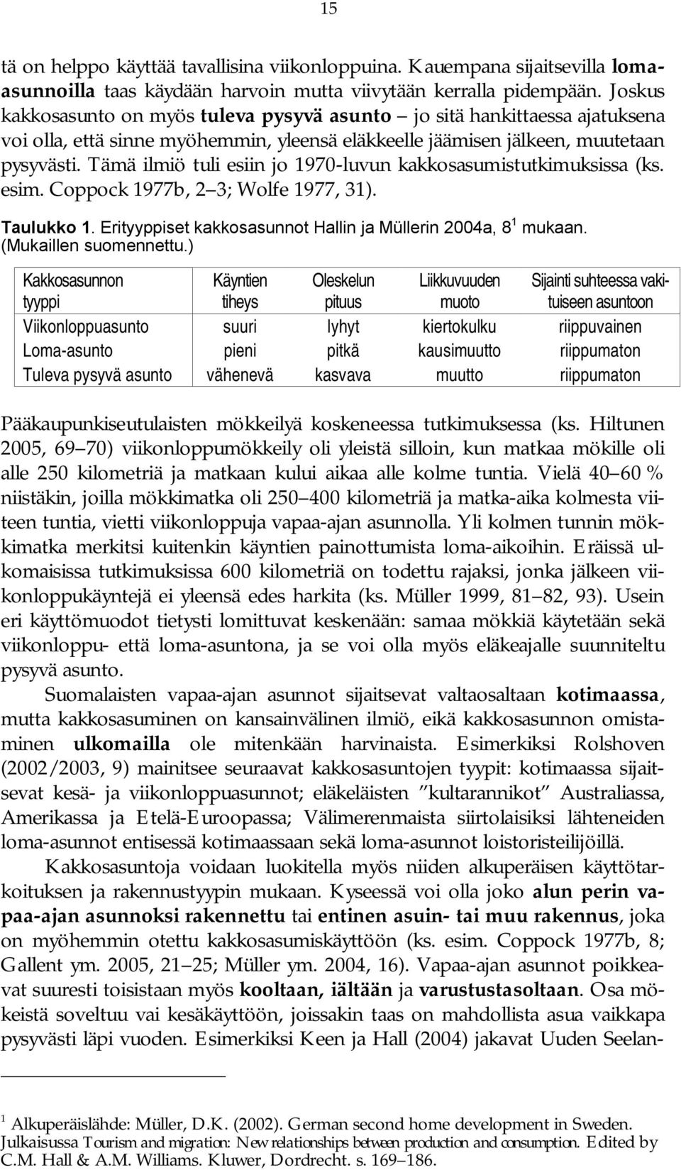 Tämä ilmiö tuli esiin jo 1970 luvun kakkosasumistutkimuksissa (ks. esim. Coppock 1977b, 2 3; Wolfe 1977, 31). Taulukko 1. Erityyppiset kakkosasunnot Hallin ja Müllerin 2004a, 8 1 mukaan.