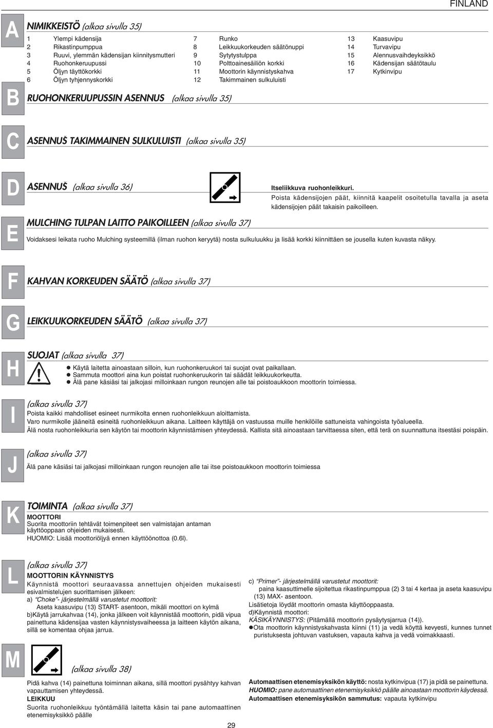 sulkuluisti RUOHONKERUUPUSSIN ASENNUS (alkaa sivulla 35) ASENNUS TAKIMMAINEN SULKULUISTI (alkaa sivulla 35) FINLAND D E MULCHING ASENNUS (alkaa sivulla 36) TULPAN LAITTO PAIKOILLEEN (alkaa sivulla