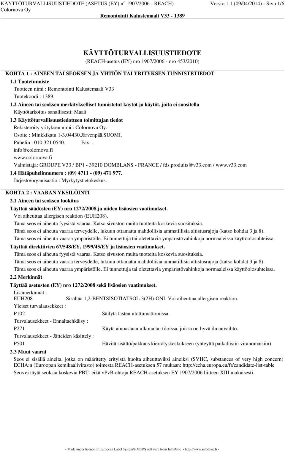 1 Tuotetunniste Tuotteen nimi : Remontointi Kalustemaali V33 Tuotekoodi : 13