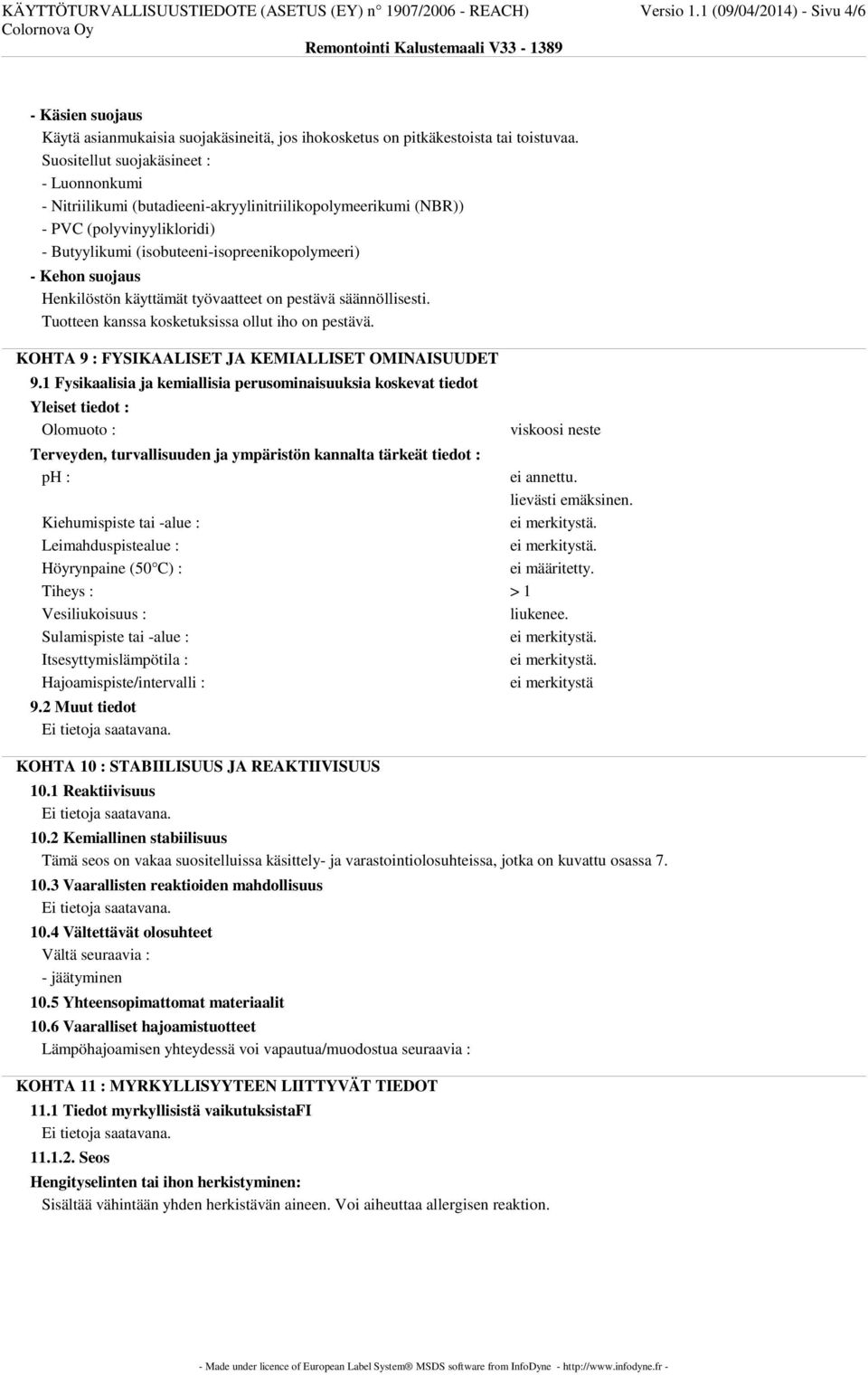 Henkilöstön käyttämät työvaatteet on pestävä säännöllisesti. Tuotteen kanssa kosketuksissa ollut iho on pestävä. KOHTA 9 : FYSIKAALISET JA KEMIALLISET OMINAISUUDET 9.