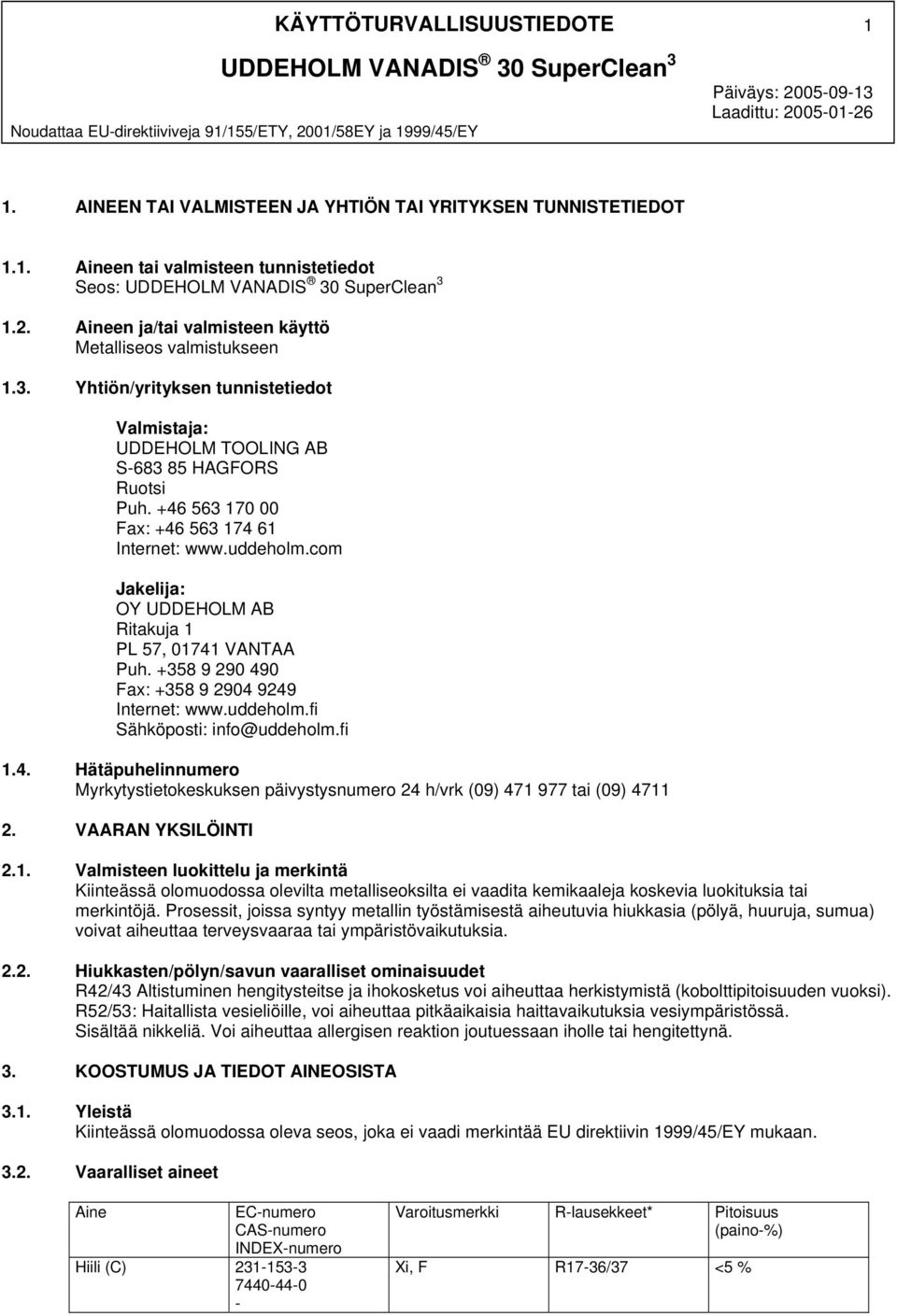 Aineen ja/tai valmisteen käyttö Metalliseos valmistukseen 1.3. Yhtiön/yrityksen tunnistetiedot Valmistaja: UDDEHOLM TOOLING AB S683 85 HAGFORS Ruotsi Puh.