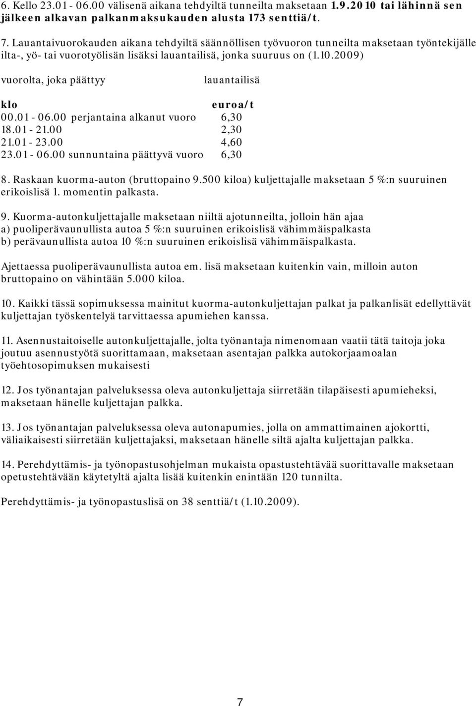 2009) vuorolta, joka päättyy lauantailisä klo euroa/t 00.01-06.00 perjantaina alkanut vuoro 6,30 18.01-21.00 2,30 21.01-23.00 4,60 23.01-06.00 sunnuntaina päättyvä vuoro 6,30 8.