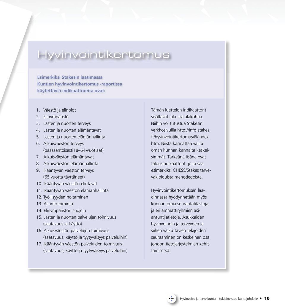 Ikääntyvän väestön terveys (65 vuotta täyttäneet) 10. Ikääntyvän väestön elintavat 11. Ikääntyvän väestön elämänhallinta 12. Työllisyyden hoitaminen 13. Asuntotoiminta 14. Elinympäristön suojelu 15.