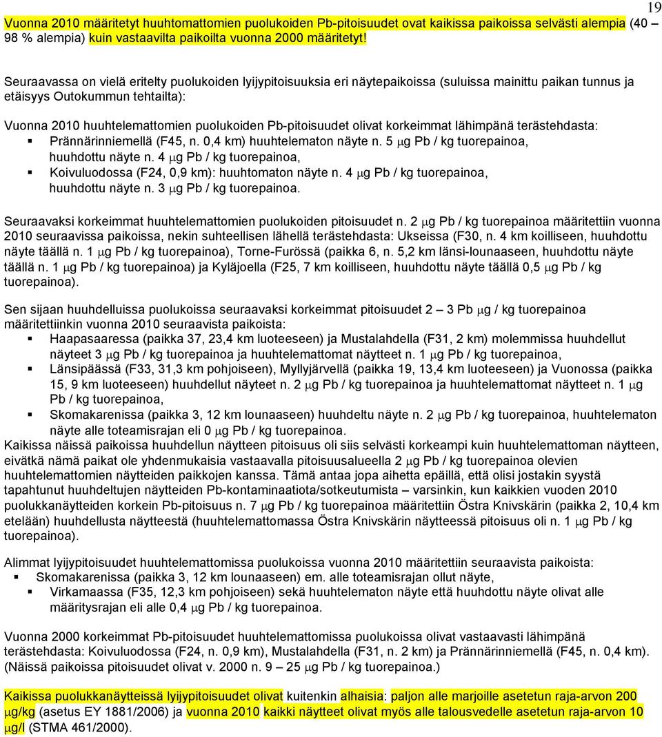 Pb-pitoisuudet olivat korkeimmat lähimpänä terästehdasta: Prännärinniemellä (F45, n. 0,4 km) huuhtelematon näyte n. 5 g Pb / kg tuorepainoa, huuhdottu näyte n.