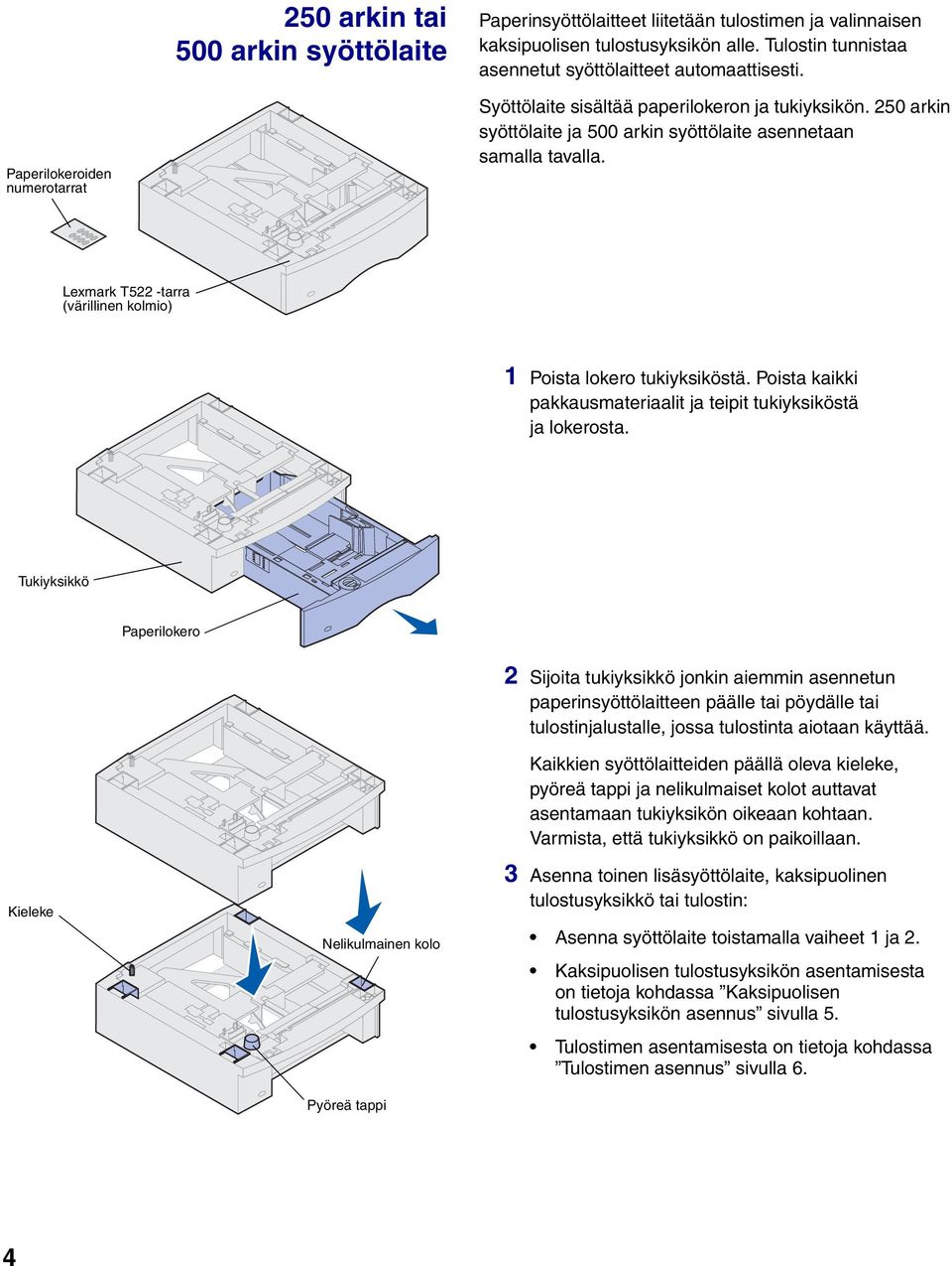 Lexmark T522 -tarra (värillinen kolmio) 1 Poista lokero tukiyksiköstä. Poista kaikki pakkausmateriaalit ja teipit tukiyksiköstä ja lokerosta.