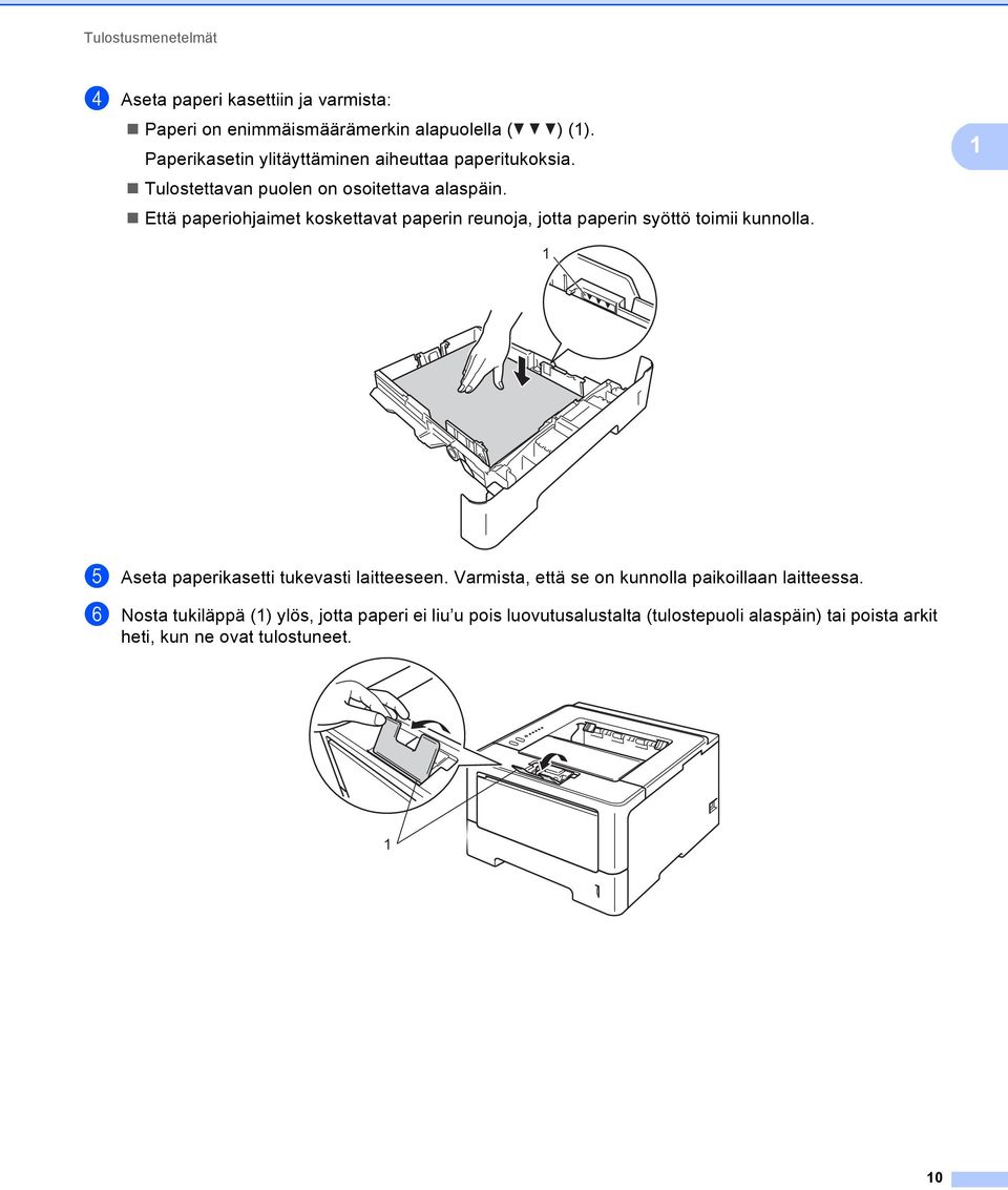 Että paperiohjaimet koskettavat paperin reunoja, jotta paperin syöttö toimii kunnolla. 1 1 e Aseta paperikasetti tukevasti laitteeseen.