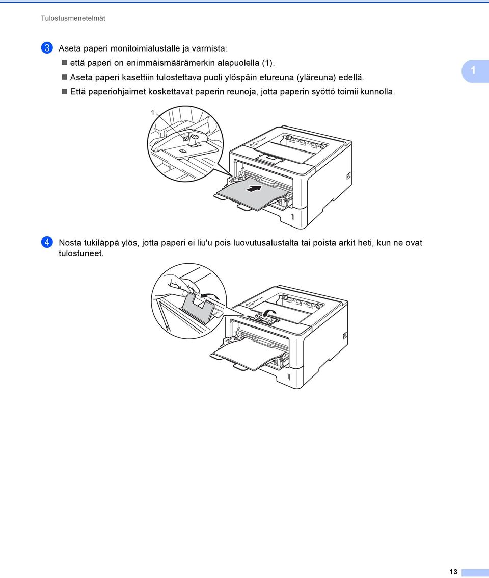 Että paperiohjaimet koskettavat paperin reunoja, jotta paperin syöttö toimii kunnolla.