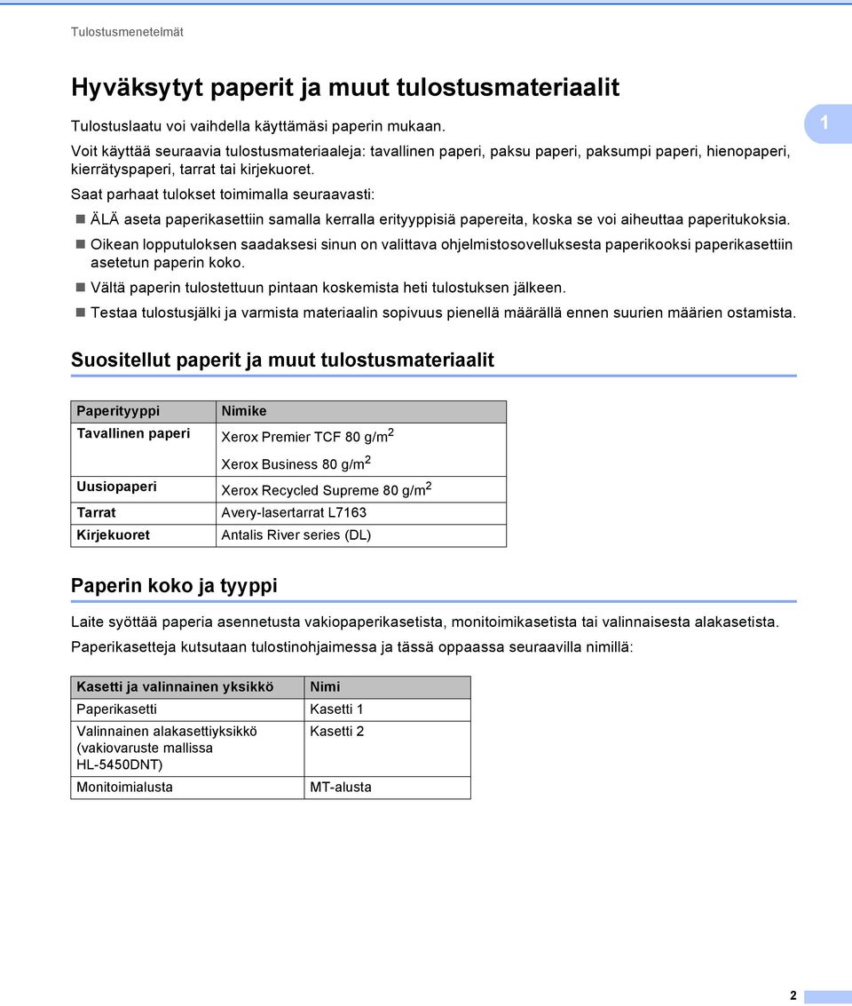 Saat parhaat tulokset toimimalla seuraavasti: ÄLÄ aseta paperikasettiin samalla kerralla erityyppisiä papereita, koska se voi aiheuttaa paperitukoksia.