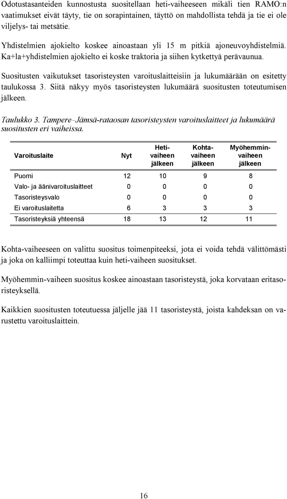 Suositusten vaikutukset tasoristeysten varoituslaitteisiin ja lukumäärään on esitetty taulukossa 3. Siitä näkyy myös tasoristeysten lukumäärä suositusten toteutumisen jälkeen. Taulukko 3.