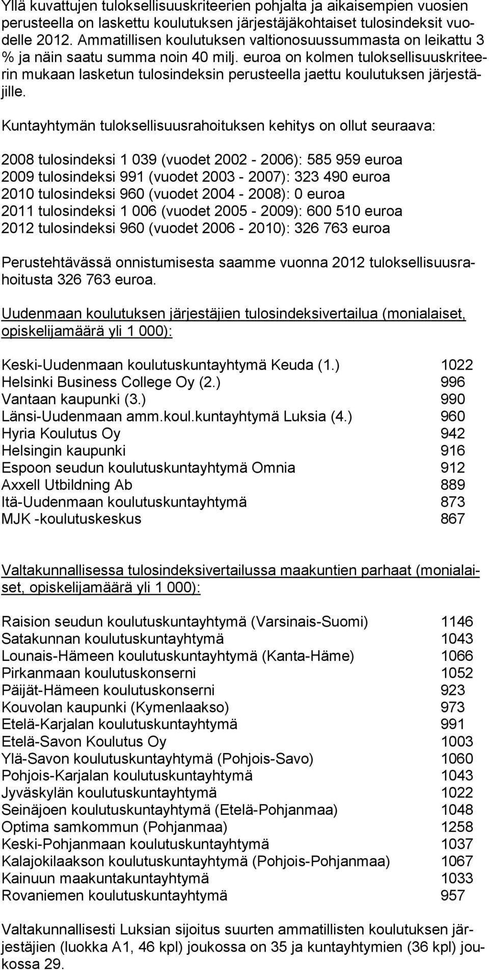 euroa on kolmen tuloksellisuuskriteerin mukaan lasketun tulosindeksin perusteella jaettu koulutuksen järjestäjille.