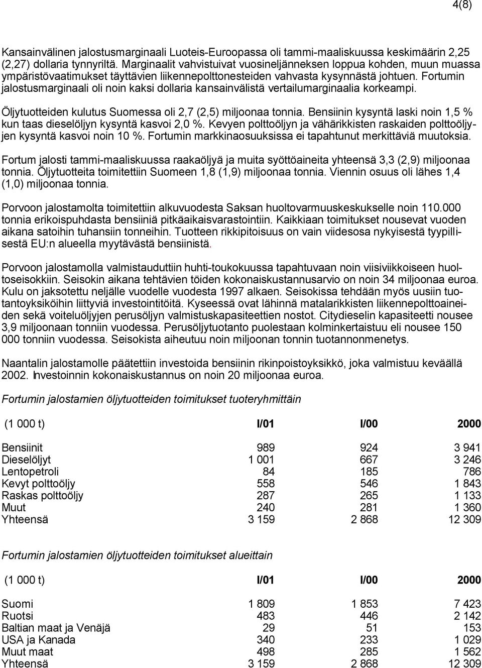 Fortumin jalostusmarginaali oli noin kaksi dollaria kansainvälistä vertailumarginaalia korkeampi. Öljytuotteiden kulutus Suomessa oli 2,7 (2,5) miljoonaa tonnia.