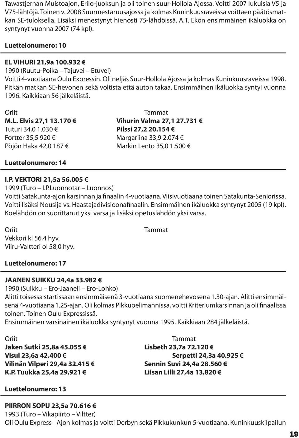 Luettelonumero: 10 EL VIHURI 21,9a 100.932 1990 (Ruutu-Poika Tajuvei Etuvei) Voitti 4-vuotiaana Oulu Expressin. Oli neljäs Suur-Hollola Ajossa ja kolmas Kuninkuusraveissa 1998.
