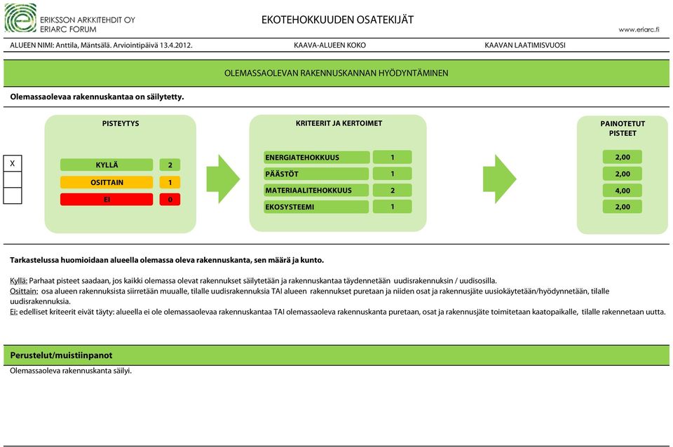 ENERGIATEHOKKUUS PÄÄSTÖT MATERIAALITEHOKKUUS EKOSYSTEEMI,, 4,, Tarkastelussa huomioidaan alueella olemassa oleva rakennuskanta, sen määrä ja kunto.