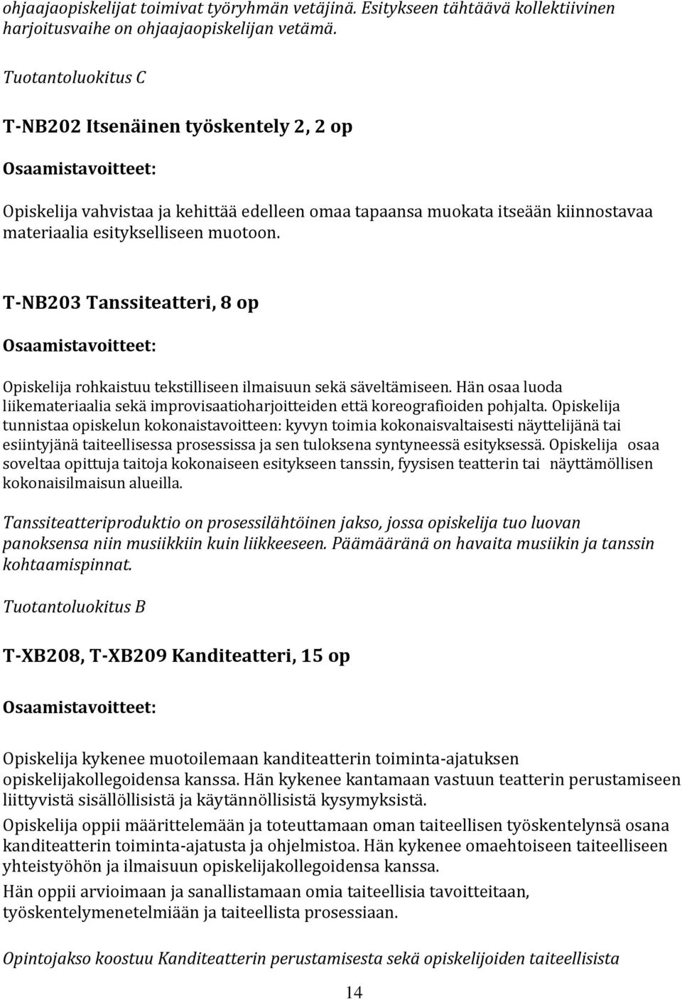 T-NB203 Tanssiteatteri, 8 op Opiskelija rohkaistuu tekstilliseen ilmaisuun sekä säveltämiseen. Hän osaa luoda liikemateriaalia sekä improvisaatioharjoitteiden että koreografioiden pohjalta.