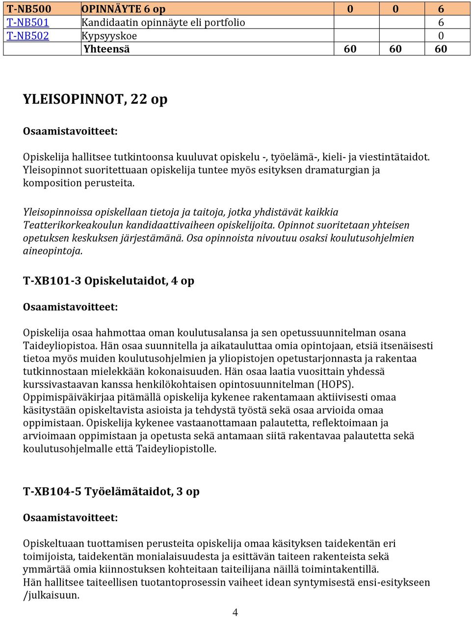 Yleisopinnoissa opiskellaan tietoja ja taitoja, jotka yhdistävät kaikkia Teatterikorkeakoulun kandidaattivaiheen opiskelijoita. Opinnot suoritetaan yhteisen opetuksen keskuksen järjestämänä.