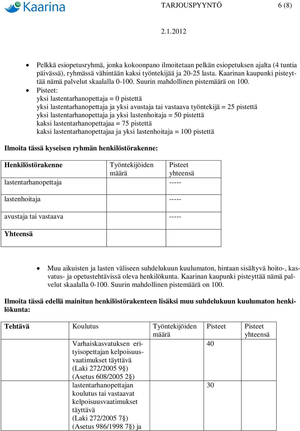 Pisteet: yksi lastentarhanopettaja = 0 pistettä yksi lastentarhanopettaja ja yksi avustaja tai vastaava työntekijä = 25 pistettä yksi lastentarhanopettaja ja yksi lastenhoitaja = 50 pistettä kaksi