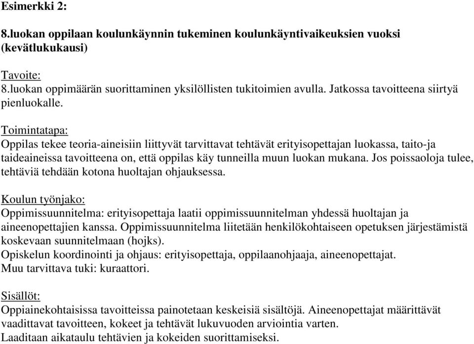 Toimintatapa: Oppilas tekee teoria-aineisiin liittyvät tarvittavat tehtävät erityisopettajan luokassa, taito-ja taideaineissa tavoitteena on, että oppilas käy tunneilla muun luokan mukana.