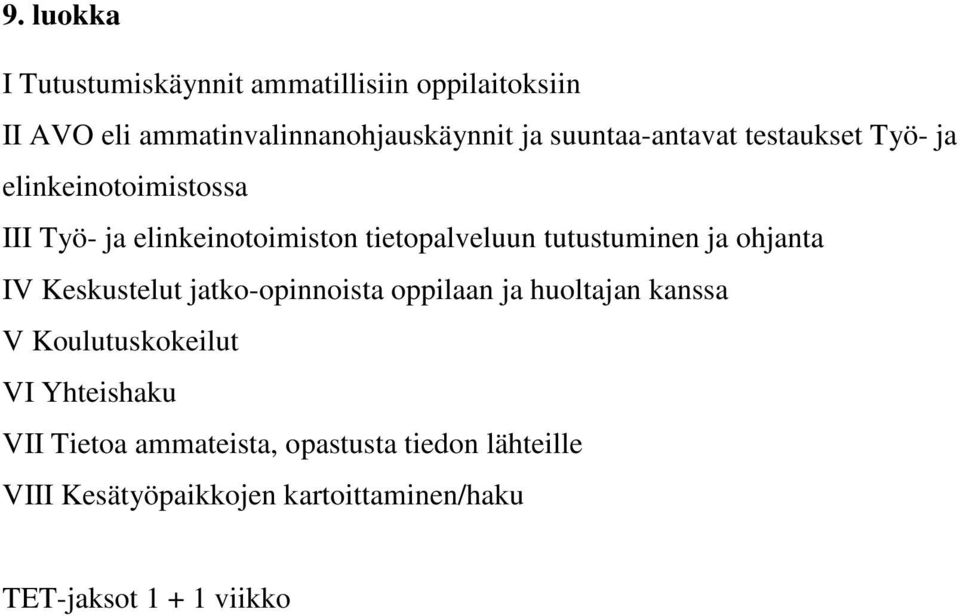 tutustuminen ja ohjanta IV Keskustelut jatko-opinnoista oppilaan ja huoltajan kanssa V Koulutuskokeilut VI