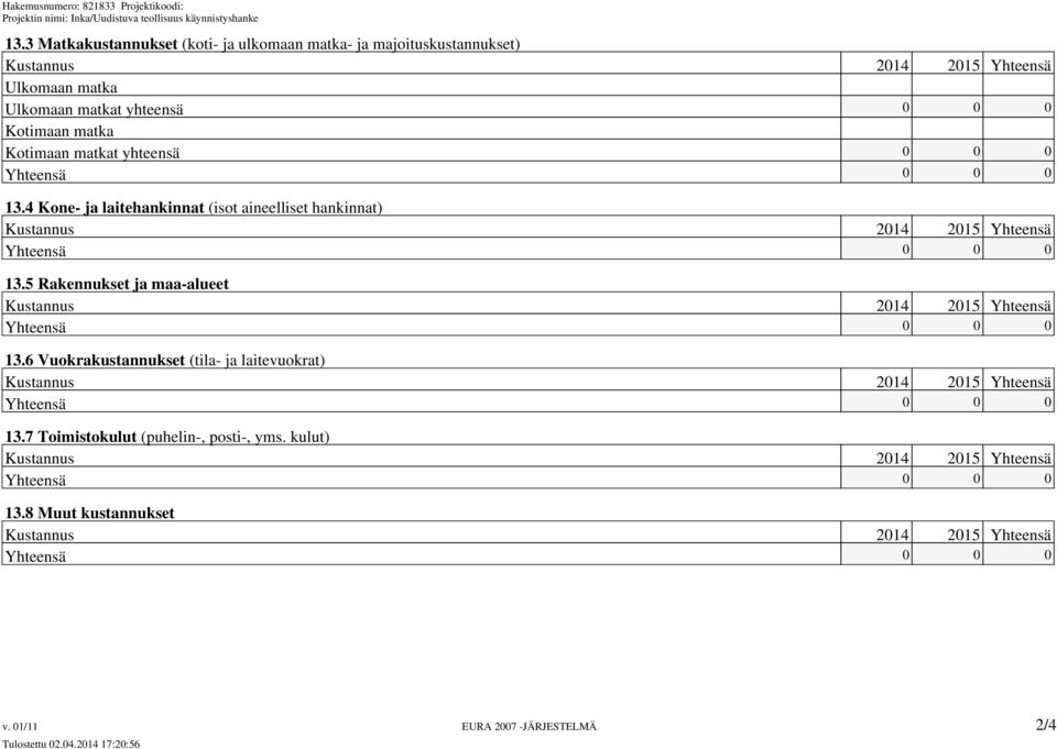 4 Kone- ja laitehankinnat (isot aineelliset hankinnat) 13.5 Rakennukset ja maa-alueet 13.