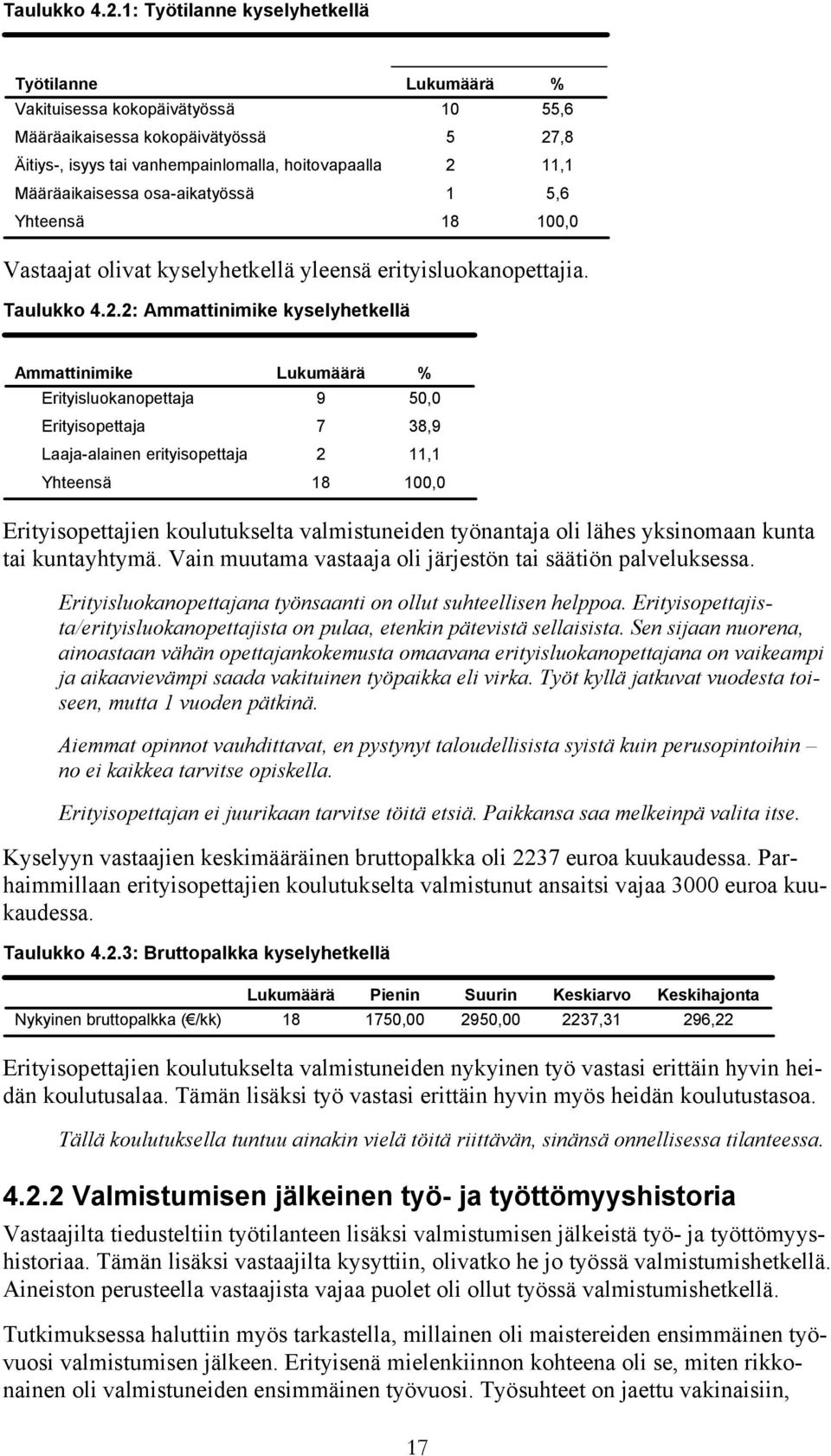 2 11,1 18 100,0 Vastaajat olivat kyselyhetkellä yleensä erityisluokanopettajia.