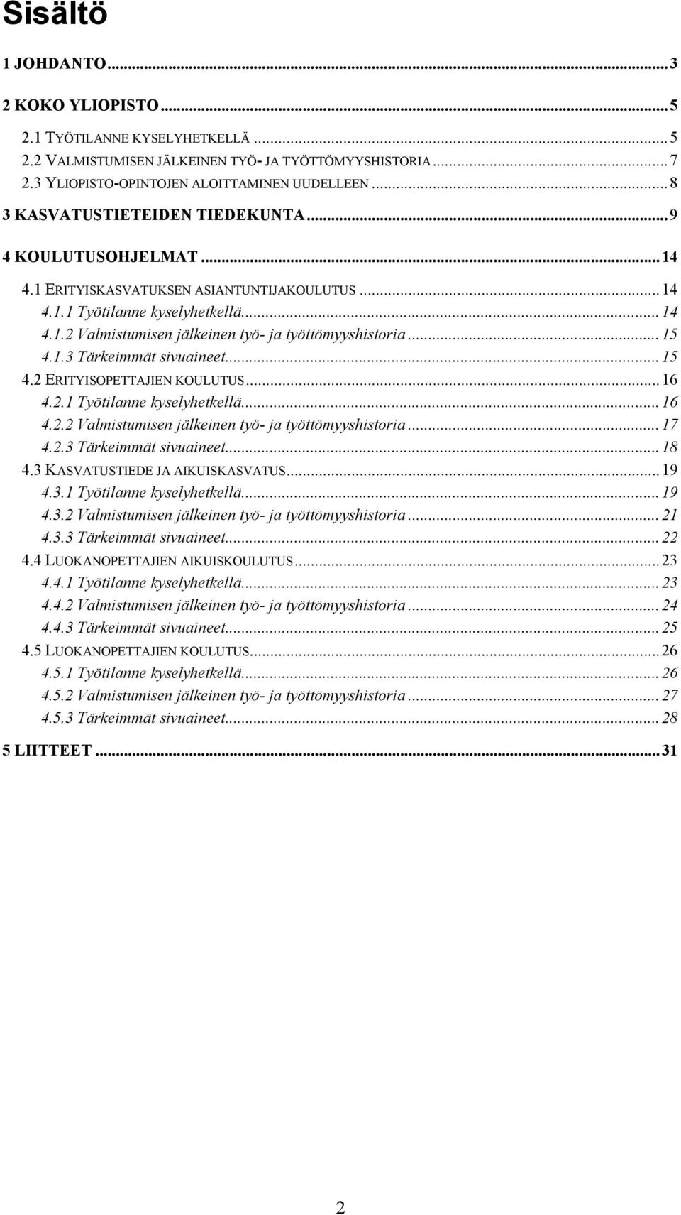 ..15 4.1.3 Tärkeimmät sivuaineet...15 4.2 ERITYISOPETTAJIEN KOULUTUS...16 4.2.1 Työtilanne kyselyhetkellä...16 4.2.2 Valmistumisen jälkeinen työ- ja työttömyyshistoria...17 4.2.3 Tärkeimmät sivuaineet...18 4.