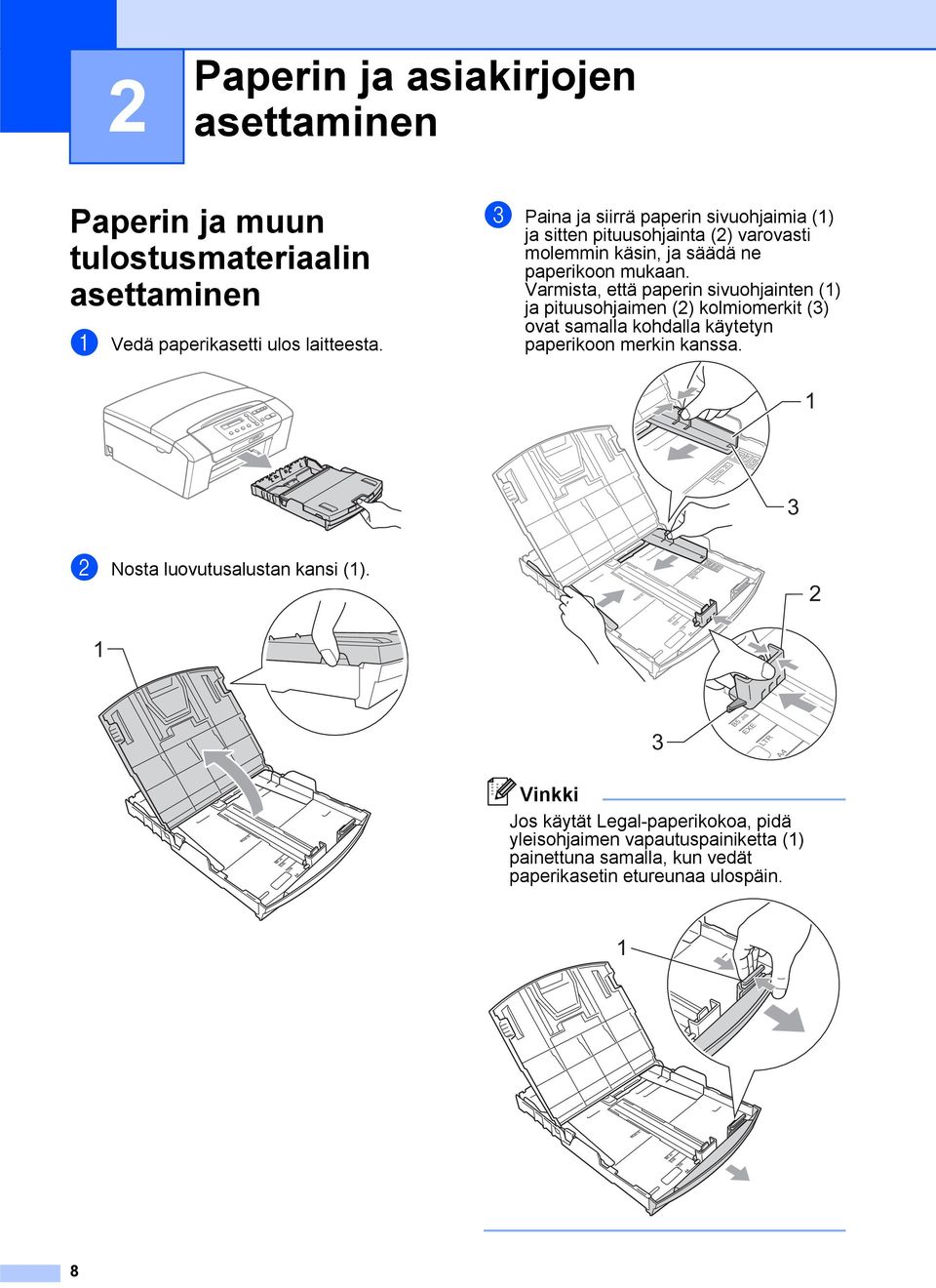 Varmista, että paperin sivuohjainten (1) ja pituusohjaimen (2) kolmiomerkit (3) ovat samalla kohdalla käytetyn paperikoon merkin kanssa.