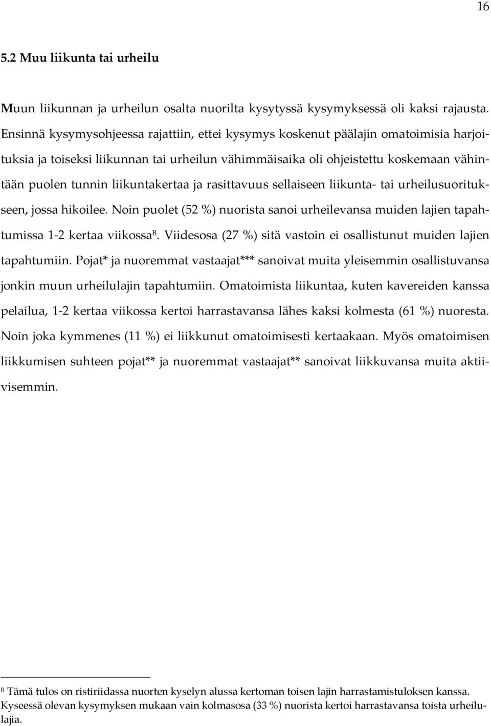 liikuntakertaa ja rasittavuus sellaiseen liikunta tai urheilusuoritukseen, jossa hikoilee. Noin puolet (52 %) nuorista sanoi urheilevansa muiden lajien tapahtumissa 1 2 kertaa viikossa B.