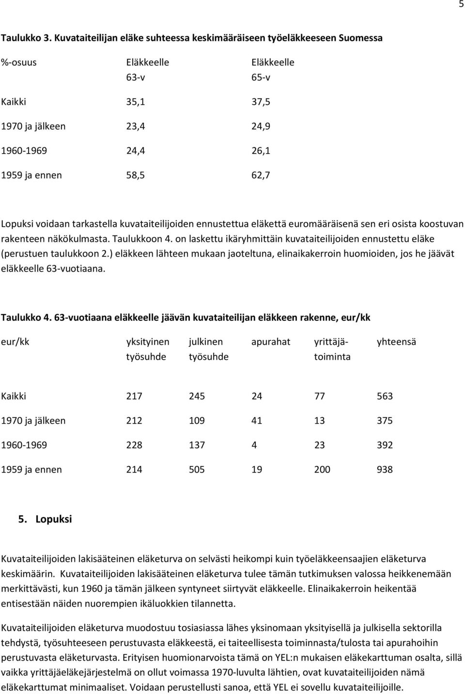 Lopuksi voidaan tarkastella kuvataiteilijoiden ennustettua eläkettä euromääräisenä sen eri osista koostuvan rakenteen näkökulmasta. Taulukkoon 4.