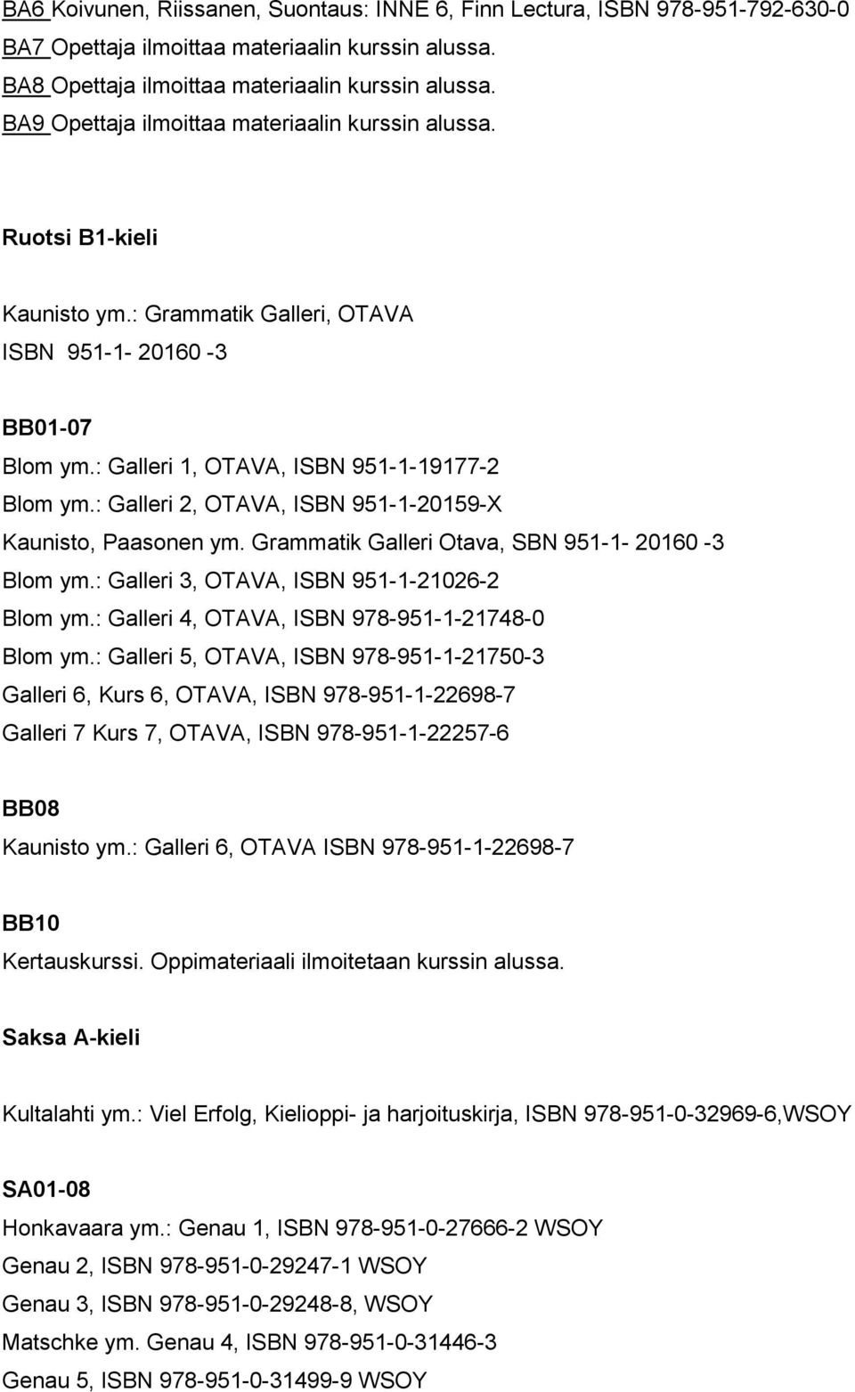 : Galleri 2, OTAVA, ISBN 951-1-20159-X Kaunisto, Paasonen ym. Grammatik Galleri Otava, SBN 951-1- 20160-3 Blom ym.: Galleri 3, OTAVA, ISBN 951-1-21026-2 Blom ym.