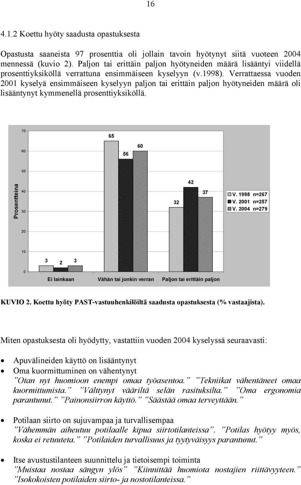 Verrattaessa vuoden 2001 kyselyä ensimmäiseen kyselyyn paljon tai erittäin paljon hyötyneiden määrä oli lisääntynyt kymmenellä prosenttiyksiköllä. 70 65 60 56 60 50 Prosentteina 40 30 32 42 37 V.