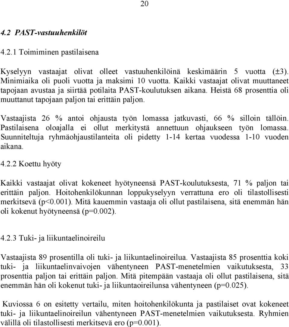 Vastaajista 26 % antoi ohjausta työn lomassa jatkuvasti, 66 % silloin tällöin. Pastilaisena oloajalla ei ollut merkitystä annettuun ohjaukseen työn lomassa.