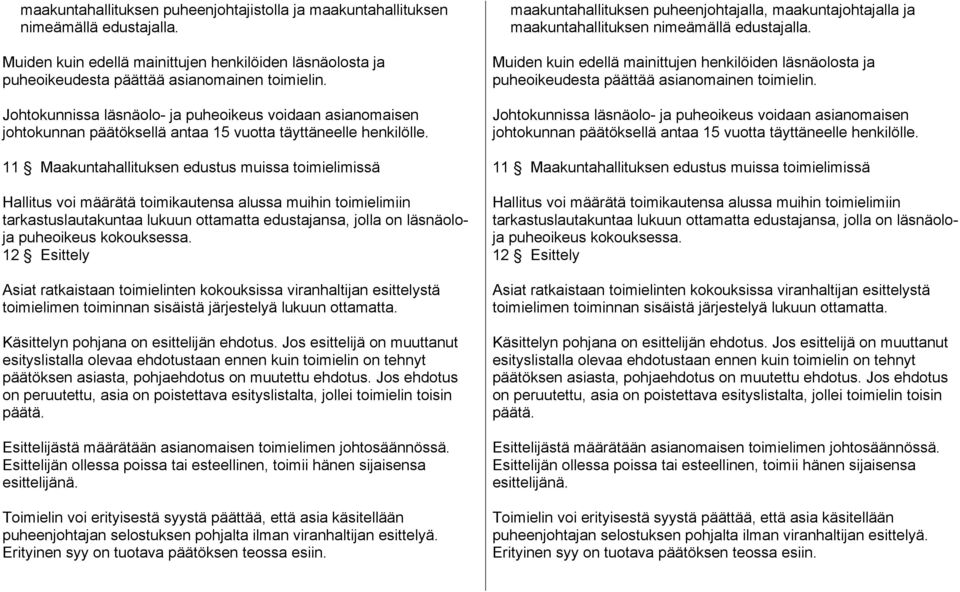 11 Maakuntahallituksen edustus muissa toimielimissä Hallitus voi määrätä toimikautensa alussa muihin toimielimiin tarkastuslautakuntaa lukuun ottamatta edustajansa, jolla on läsnäoloja puheoikeus